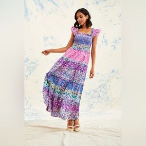 Caroline Constas Multicolor Flutter Sleeve Smocked Tiered Dress